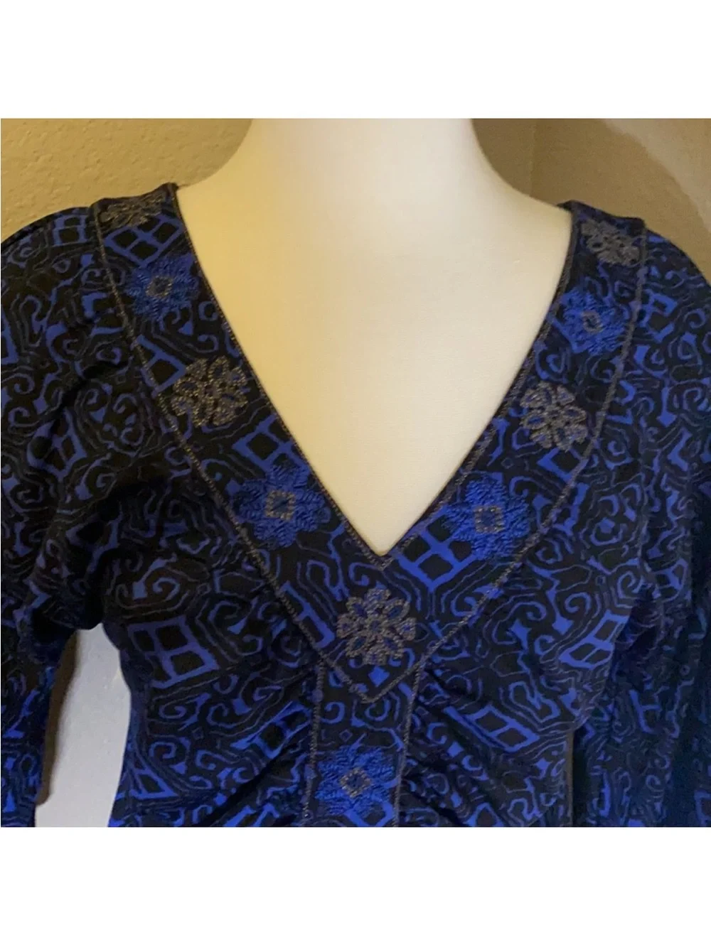 Women's Blue V-Neck Ruched Top with Embellished Buttons